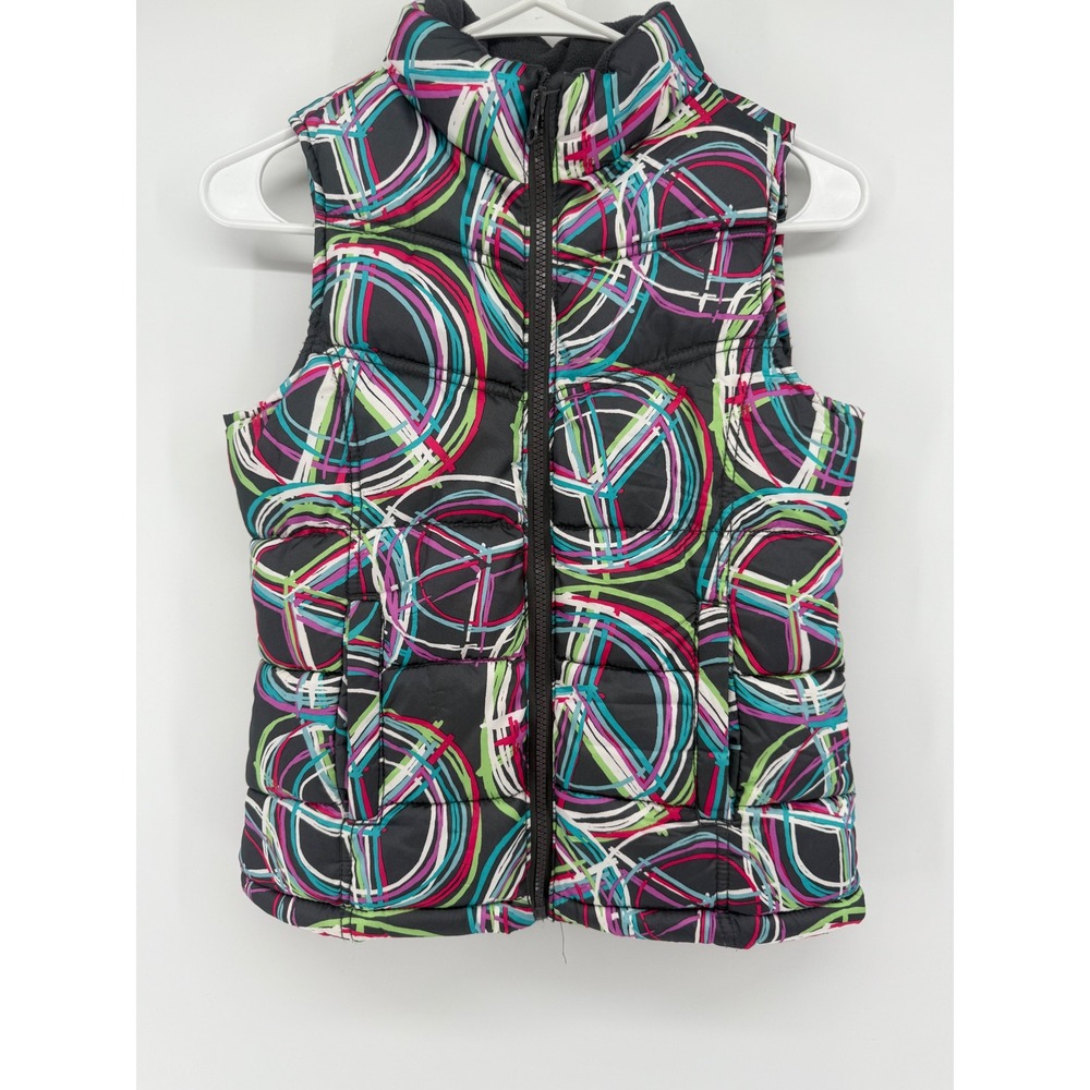 Old Navy Girl's Puffer Vest Size M (8) Peace Sign Print Full Zip Colorful